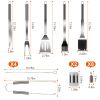 Stainless Steel BBQ Grill Tool Kit Grilling Utensil Accessories with Spatula Tongs Fork Knife Brush Pepper Salt Shaker Bottle Grilled Skewers Corn Nee