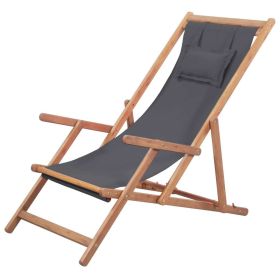 Folding Beach Chair Fabric and Wooden Frame Gray (Color: Grey)