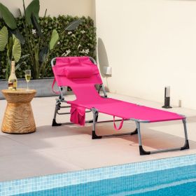 Folding Beach Lounge Chair with Pillow for Outdoor (Color: Pink)