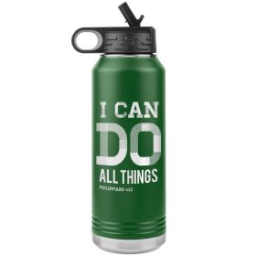 32oz Water Bottle Insulated, i Can Do All Things Philippians 4:13 Print (Color: Green)